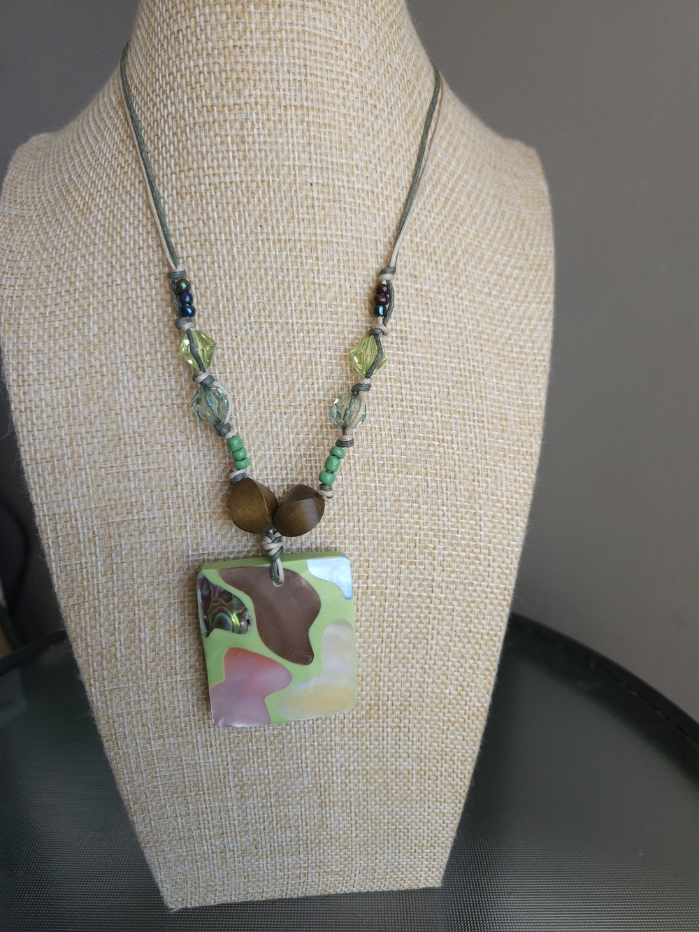 Green Multicolor Square Pendant Necklace - Handmade Women’s Jewelry